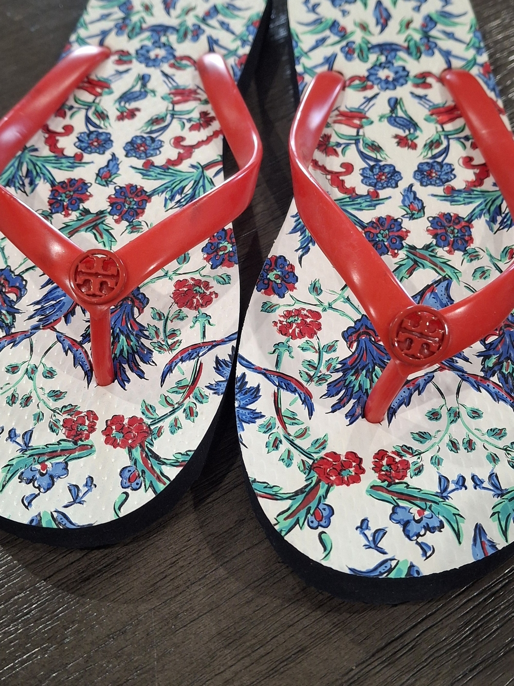 Women's Floral Flip Flops with Red Straps